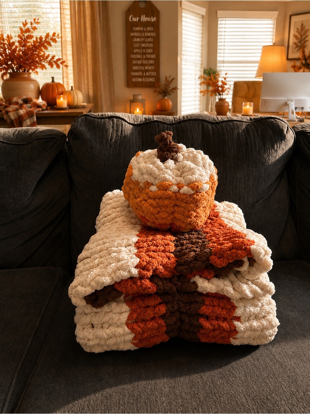 Handmade Chunky Knit Pumpkin Throw Blanket with Plush Pumpkin Pillow